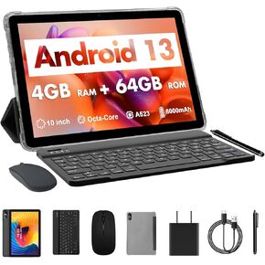VASOUN Tablet 10-Inch Android 13, (4+4GB Expand) RAM 64GB ROM, 2 in 1 Tablets with 2.4/5G WiFi, BT 5.0, Leather Case, Keyboard,Mouse, Stylus Included