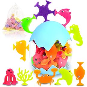 Baby Bath Toys, 13 Pcs Silicone Mold Free Bath Toys with a Storage Bag, Squeezable Dinosaurs Bathtub Toys, No Hole Sensory Ocean Animal Suction Cup Toys for Toddlers 1 2 3 4 5 6 Years