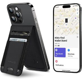 HiWe for MagSafe Wallet Stand with Find My Tracker Built in, Magnetic Card Holder for iPhone 16/15/14/13/12 Series, Vegan Leather, Fit 6 Cards, Slim, RFID Blocking, Black