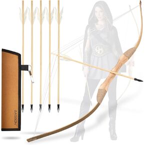 Youth Archery Bow and Arrow Set for Kids, 40" Handmade Wooden Bow and Arrow Prop Costume Cosplay Games Toys, Archery Set with 1 Bows 1 Quivers 5 Feather Arrows, Gifts for Kids Youth Adult Boys Girls