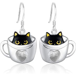 Black Cat Earrings for Women Cat Jewelry 925 Sterling Silver Funny Animal Cup Cat Earrings for Girls Women Mom Daughter Wife Cool Cute Crazy Earrings