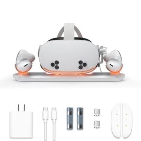 Charging Dock for Meta Quest 3S with USB-C Charger, VR Magnetic Charging Station for Oculus Quest 3S with LED Indicator, 2 Rechargeable Batteries and Cable (Quest 3S with Adapter)
