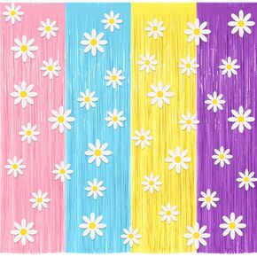 4 Pack 3.3x6.6ft Blue Dog Foil Fringe Curtains Backdrop Decorations Pin Blue Purple and Yelloy Birthday Party Macarons Metallic Streamers Photo Booth for Blue Dog Theme Party Supplies