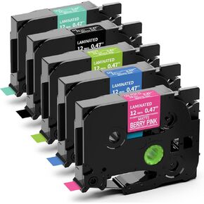 Label KINGDOM Compatible with Brother Label Maker P Touch TZe TZ Tape 12mm 0.47 Inch Laminated (White on Black,Blue,Turquoise Blue,Berry Pink,Lime Green) for Brother PTD210 PTH110 PTD400