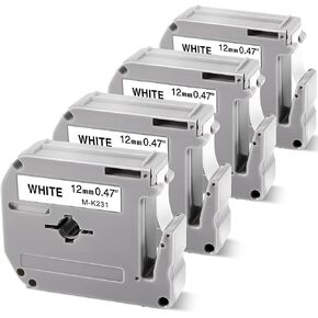 COLORWING M-K231 Compatible Brother P Touch M Tape M-K231s MK231 M231 for Brother PT-M95 PT-90 PT-70 PT-65 PT-85 Label Maker Refills, 12mm 0.47inch White, 4-Pack