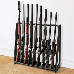 ikkle Gun Rack, Freestanding Rifle Racks, Heavy Duty Wooden Shotgun Rack Indoor, Adjustable Rifle Storage Holder with Soft Padding, Vertical Gun Display Stand - Holds up to 9 Long Guns