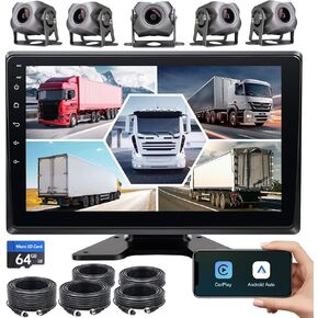 5-Channel 1080P Backup Camera Dash Cam with 9'' Monitor Android.11 System,DVR Recording Back Up Camera for RV/Truck/Van/Trailer/SUV Cars, Car Raido with Wireless CarPlay/Android Auto/BT/FM Radio/WiFi