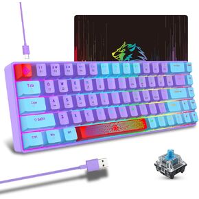 60% Percent Wired Mechanical Keyboard, RGB Backlight Compact 68 key Small Gaming Keyboard All Keys Anti-Ghost, Type-C Waterproof Color Mouse Pad for Windows Laptop PC Mac (Pupler Blue & Blue Switch)