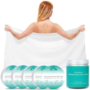 Compressed Towel, 100% Plant Fiber Biodegradable Disposable Towel, 55.1" × 27.5" Travel Towel is a Reusable Hotel Travel Cleaning kit for Camping, Beach, Hiking, Swimming, Vacationing (5-pack)