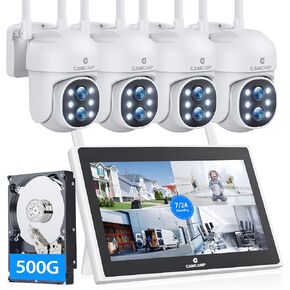 CAMCAMP Wireless Security Camera System Outdoor with 10.1" LCD Monitor, 4Pc 2K Dual Lens PTZ Security Cameras, 10X Zoom, Color Night Vision,Auto Tracking,2-Way Audio,10CH Expandable NVR, 500GB HDD