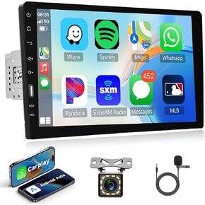 9 Inch Apple Carplay Single Din Touchscreen Car Stereo with Android Auto, Rimoody Car Radio with Bluetooth iOS/Android Mirror Link FM/AM Radio/TF/USB/AUX Input Car Multimedia Player + Backup Camera