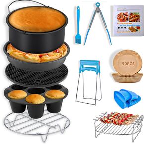 Air Fryer Accessories for Ninja Gourmia COSORI 3.6 4.2 5.8QT Square Air Fryer with Cake Barrel Pizza Pan Cupcake Pan Metal Holder Skewer Rack Silicone Mat Food Tong Oil Brush