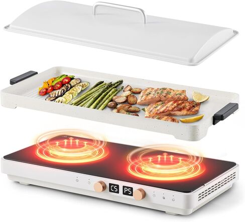 2 Burner Induction Cooktop with Removable Iron Cast Griddle Pan Non-stick, Olayks 1800W Double Portable Induction Hot Plate with Dual Independent Temperature Control Options, 99 Min Timer in Saudi Arabia