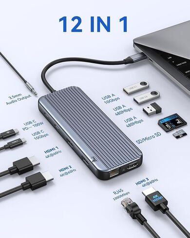 محطة إرساء USB C 3 شاشات، محور LIONWEI USB C إلى 3 محطة إرساء HDMI شاشة ثلاثية مع USB C/A 3.1،100 واط PD، إيثرنت، منافذ صوت لـ Dell/HP/Lenovo/MacBook in Kuwait