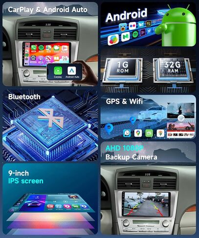 Carplay اللاسلكي لسيارة Toyota Camry 2006 2007 2008 2009 2010 2011 Android Car Stereo، Android Auto MirrorLink، شاشة لمس 9 بوصة 1080P IPS بلوتوث GPS HiFi 16EQ RCA FM Radio SWC WiFi AHD كاميرا احتياطية in Saudi Arabia