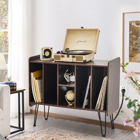 Alessing Large Record Player Stand, Record Player Stand with Vinyl Storage, Mid-Century Record Player Table with 6 Cabinet Holds Up to 200 Albums for Living Room Bedroom Office, Walnut Brown in Saudi Arabia