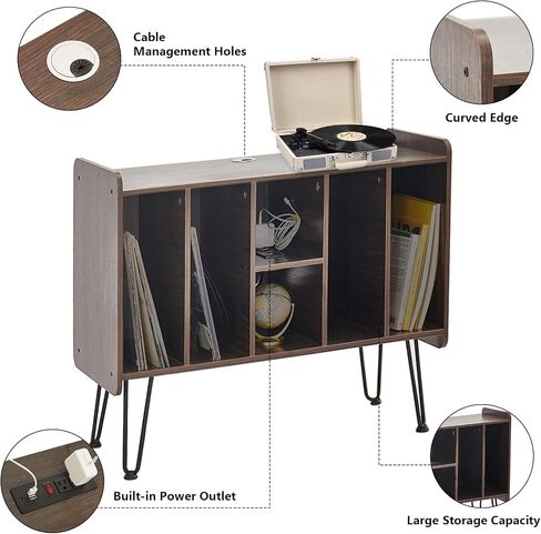 Alessing Large Record Player Stand, Record Player Stand with Vinyl Storage, Mid-Century Record Player Table with 6 Cabinet Holds Up to 200 Albums for Living Room Bedroom Office, Walnut Brown in Saudi Arabia