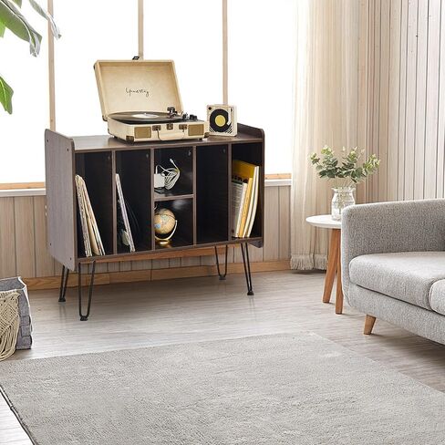 Alessing Large Record Player Stand, Record Player Stand with Vinyl Storage, Mid-Century Record Player Table with 6 Cabinet Holds Up to 200 Albums for Living Room Bedroom Office, Walnut Brown in Saudi Arabia