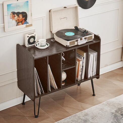 Alessing Large Record Player Stand, Record Player Stand with Vinyl Storage, Mid-Century Record Player Table with 6 Cabinet Holds Up to 200 Albums for Living Room Bedroom Office, Walnut Brown in Saudi Arabia