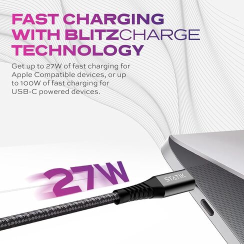 Statik Light Up Charger Cable - GloBright Braided LED Charging Cable, Glowing Super Fast Charging 27W Light Up Cable, Data Transfer, Lighted Phone Charger Cord - 6FT/2M, Type USB C to i-Product in Kuwait