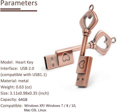محرك أقراص فلاش USB 2.0 سعة 64 جيجابايت، عصا ذاكرة BorlterClamp، محرك أقراص إبهام معدني قديم على شكل قلب in Saudi Arabia