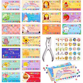160 PCS Behavior Punch Cards for Kids with Hole Puncher, Reward Cards for Students with 160 PCS Funny Punny Reward Stickers, Incentive Awards Loyalty Punch Cards for Classroom Teachers School Supplies