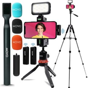 Movo iVlogger Wireless Vlogging Kit for iPhone with Dual Wireless iPhone Microphone, WMX-HM, Remote, Phone Mount, LED Light, and Tabletop/Full-Size Tripods - YouTube Starter Kit, Content Creator Kit