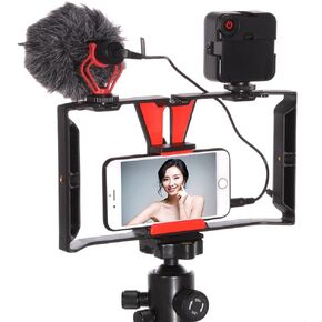 Smartphone Video Rig Camera Cage Mount Holder Stabilizer Handle Grip with BOYA by-MM1 Shotgun Microphone Mic + 49 LED Light Kit for Mobile Phone iPhone Filmmaking Professional Videomaker