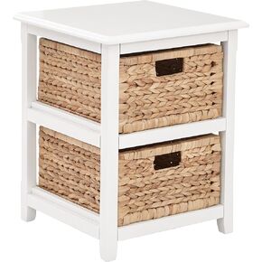 OSP Home Furnishings Seabrook Storage Tower with Solid Wood Frame and Natural Baskets, 2-Drawer, White Finish