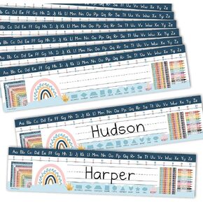 Hadley Designs 25 Boho Teacher Name Plate for Desk Classroom - Desk Name Tags Classroom Kindergarten, Student Desk Name Plates for Classroom, Number Lines for Students Desk, Name Plate for Kids Desk