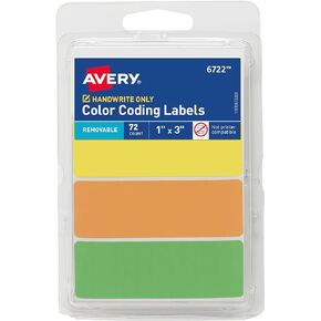 Avery Color-Coding Removable Labels, 1" x 3", Assorted Neon Colors, Non-Printable, 72 Blank Labels Total (6722)