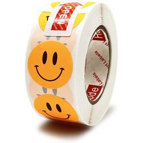 Happy Face Paper Stickers, 1 Inch Yellow, 500 Pieces per Roll, Permanent Adhesive, for Teachers, Parties, Rewards, Kids
