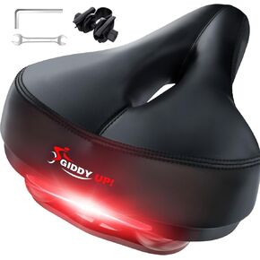 Giddy Up! Bike Seat - Comfortable Premium Bike Saddle for Exercise and Road Bicycle with LED - Wide Padded Bicycle Saddle for Peloton - Replacement Comfort Bicycle Seat Cushion