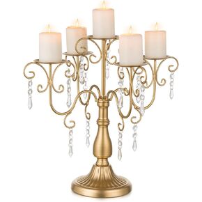 Sziqiqi Candelabra Centerpieces Gold Candle Holder - 5 Arm Pillar Candle Holders with Crystal Beads for Christmas Table Centrepiece Halloween Wedding Candleholders Decoration