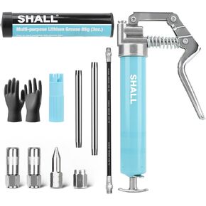 SHALL Mini Grease Gun, Small Grease Gun Kit (3.52OZ Capacity, 3000PSI) with 2PCS 4-Jaw couplers, Sharp Nozzle, Extension Adapter, 3OZ Cartridge Grease, Reinforced PVC Glove & Zerk Fitting Cleaner