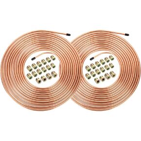 Acrux7 2Pcs Brake Line Tubing Kit 25 ft. of 1/4 Inch Flexible Copper Coated Alloy Brake Line Tube(Includes 16 Fittings)