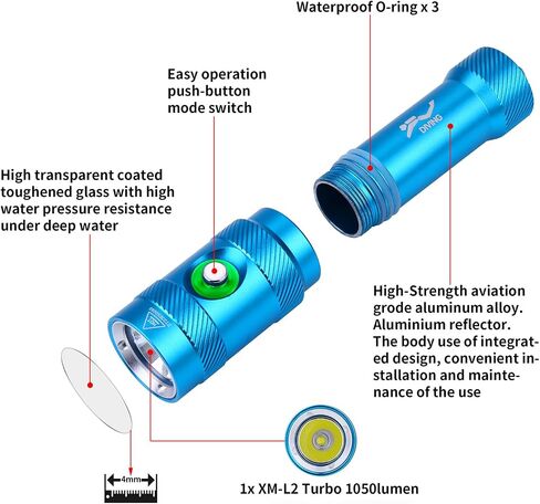مصباح يدوي للغوص من WindFire مصباح LED احترافي للغوص تحت الماء IPX8 مقاوم للماء 1050 لومن فائق السطوع 3 أوضاع 80 مترًا ضوء غاطس للغطس والتجديف والصيد والتخييم in Saudi Arabia