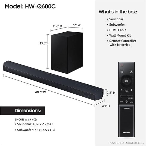 مكبر صوت سامسونج HW-Q990C 11.1.4 قناة مع صوت دولبي لاسلكي، مكبرات صوت خلفية متضمنة مع Q-Symphony، SpaceFit Sound Pro، صوت متكيف، Game Mode Pro، Airplay 2، AVA، Alexa مدمج (متجدد) in Kuwait