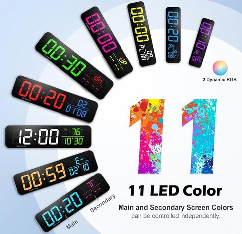مؤقت الصالة الرياضية مقاس 15.2 بوصة مع 11 لونًا LED، تنبيه العد التنازلي الصوتي، تمرين الفاصل الزمني، تاباتا، EMOM، العد التنازلي، ساعة التوقف، ساعة حائط رقمية لصالة الألعاب الرياضية المنزلية، المرآب والفصول الدراسية in Kuwait