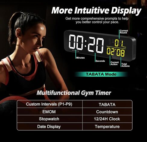 مؤقت الصالة الرياضية مقاس 15.2 بوصة مع 11 لونًا LED، تنبيه العد التنازلي الصوتي، تمرين الفاصل الزمني، تاباتا، EMOM، العد التنازلي، ساعة التوقف، ساعة حائط رقمية لصالة الألعاب الرياضية المنزلية، المرآب والفصول الدراسية in Kuwait