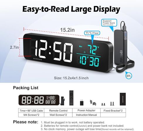 مؤقت الصالة الرياضية مقاس 15.2 بوصة مع 11 لونًا LED، تنبيه العد التنازلي الصوتي، تمرين الفاصل الزمني، تاباتا، EMOM، العد التنازلي، ساعة التوقف، ساعة حائط رقمية لصالة الألعاب الرياضية المنزلية، المرآب والفصول الدراسية in Kuwait