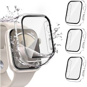 [3 Pack] Goton Waterproof Case for Apple Watch Series 6 5 4 SE 2nd SE(2023) 44mm, Hard PC Bumper Covers with [Ultra-HD] Tempered Glass Screen Protector for iWatch Cover Accessories