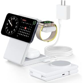 Upgraded 3 in 1 Foldable Magnetic Wireless Charging Station with PD 20W USB-C Adapter, Compatible with MagSafe, Charger Stand for iPhone 16/15/14/13/12 Series, Apple Watch, AirPods, White