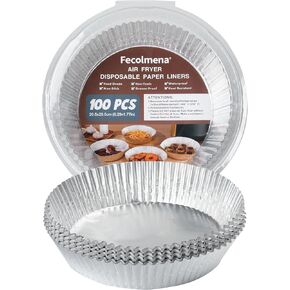 Air Fryer Liners Disposable, Fecolmena 100 PCS Round Aluminum Foil Papers, Safe Food Contact Grade Material & High Temperature Resistant for Air Fryers and Ovens