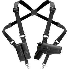 Shoulder Holster General Vertical Gun Holster Adjustable PU Leather for Concealed Carry with Double Magazine Pouch - Fit 1911 Most Kinds of Pistols
