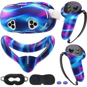 Silicone Cover Set Compatible with Meta/Oculus Quest 3s Accessories, VR Silicone Face Cover, VR Shell Cover,Touch Controller Grip Case,Camera Lens Protector Set (Colorful A)