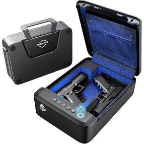 ONNAIS Alloy SE Rechargeable Portable Gun Safe, Biometric Gun Safe for Pistols, Fingerprint Handgun Safe with Keys, Keypad, Pistol Safe for Travel Nightstand Beside Home