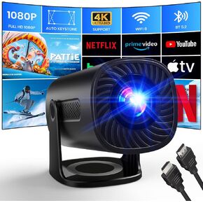 Mini Projector with WiFi and Bluetooth, 1080P Native 4K Support Projector Netflix, Prime Video, YouTube, Auto Keystone & Focus, Stereo Speaker, Zoom, Portable Outdoor Home Movie Projector, White