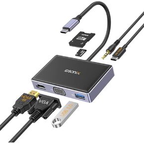 USB C to HDMI VGA Adapter, 7 in 1 USB C Hub MultiPort Adapter with 4K HDMI/VGA, 100W PD, USB-A 3.0, Audio/Mic, SD/TF for Dell/HP/Lenovo/MacBook Pro Laptop
