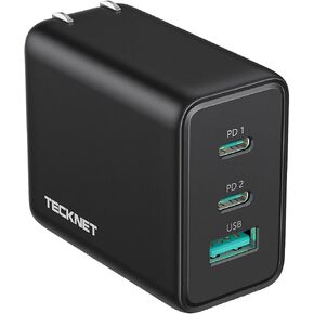 TECKNET USB C Charger 65W PD 3.0 GaN Type Foldable Adapter with 3-Port Fast Wall Compatible with iPhone 16 Pro Max/16 Plus/16 Pro/16/15/14, MacBook Pro, iPad Switch, Galaxy S24/S23